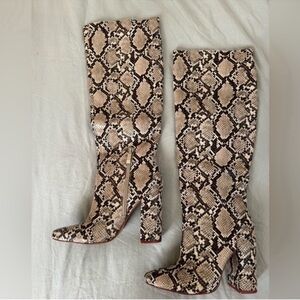 Zara Taupe and Black Snake-Print Over-the-Knee Block Heel Boots